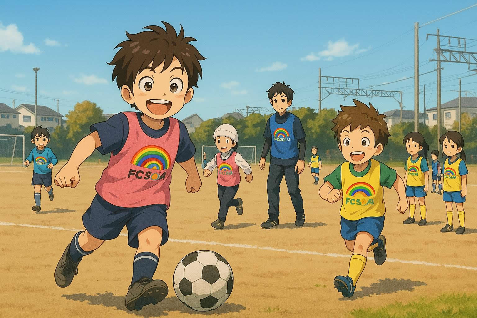虹のFC50.4ロゴのユニフォームで、仲間とサッカーを楽しむ子どもたちの漫画
