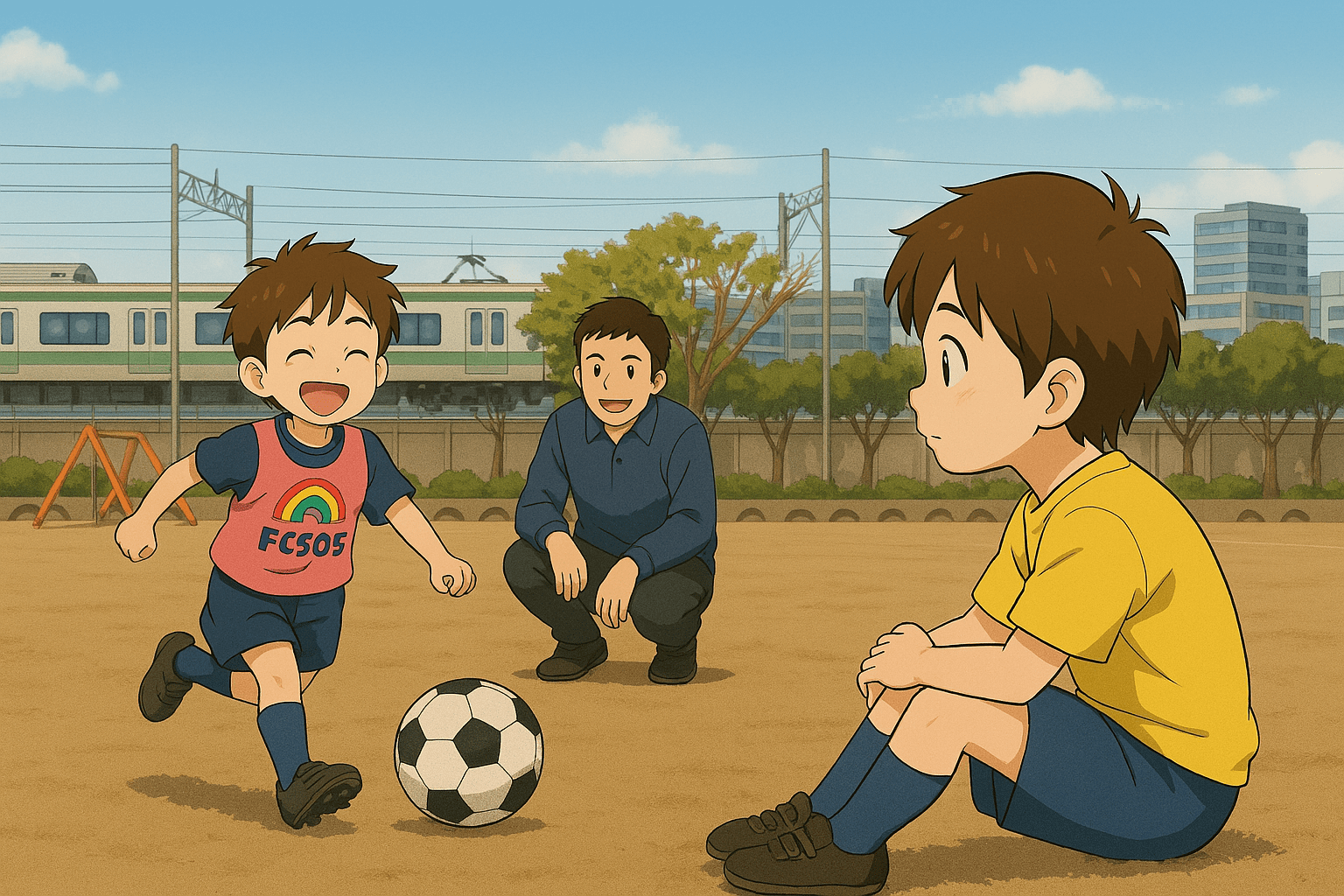 子どものペースに寄り添い、一緒にボールを蹴るクッキーの仲間たち