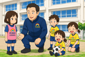 人見知りの子に優しく声をかけるコーチと、サッカーを楽しむ子どもたち
